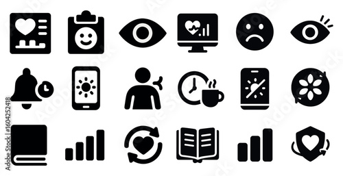 Health and wellness solid icons set - filled, fitness, well-being symbols