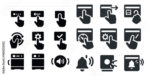 User interface solid icons set – filled, click and touch interaction elements