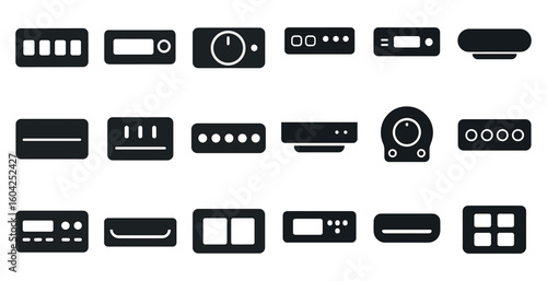 Music player silhouette icons set – vintage, audio device, black and white symbols