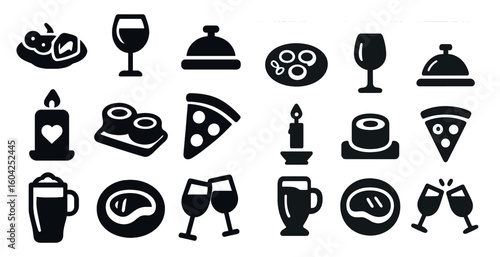 Food and drink icons set – solid, filled, culinary and dining symbols