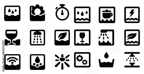 Environment and water conservation solid icons set – eco, sustainability symbols