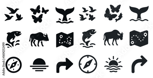 Nature and wildlife silhouette icons set – solid, filled, animal and outdoor symbols