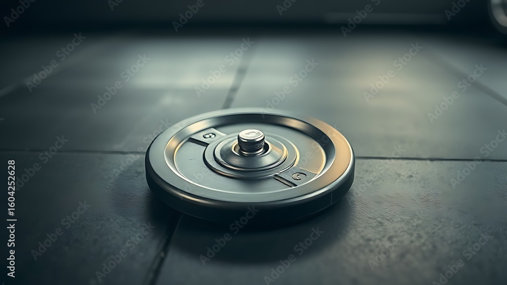 A single weight plate resting on a gym floor, showcasing metallic reflections and minimalistic design. A single weight plate resting on a gym floor, showcasing metallic reflections and minimalistic design.