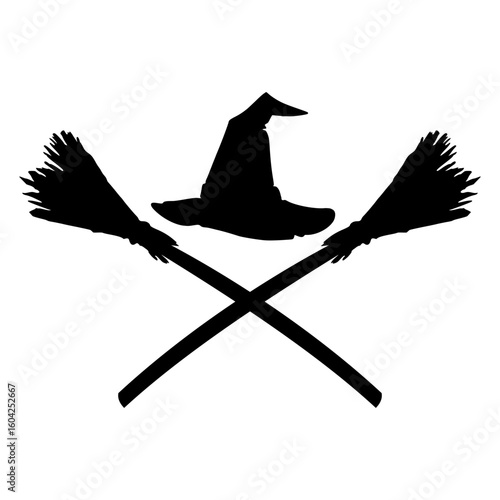 Icono con silueta de sombrero de bruja sobre 2 escobas cruzadas para su uso en felicitaciones y tarjetas de Halloween