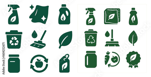 Eco-friendly cleaning solid icons set – filled, recycling, sustainable household symbols