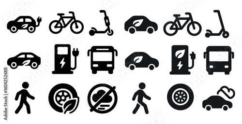 Eco transport silhouette icons set – electric, car, green travel symbols