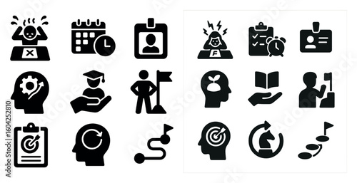 Productivity and business solid icons set – task management, silhouette symbols