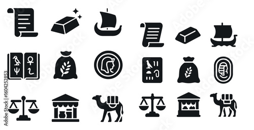 Ancient egypt icons set – silhouette, solid, archaeology and history symbols