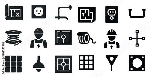 Electrical engineering solid icons set – silhouette, filled, construction tools
