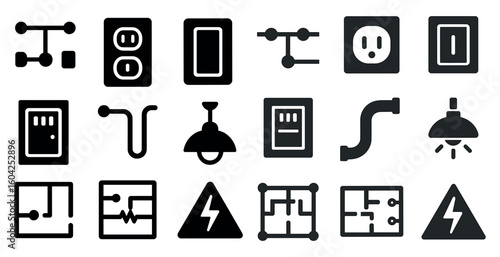 Electrical and power filled icons set – flat, solid, energy and circuit symbols