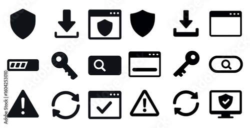 Security and protection icons set – solid, shield, safety symbols for cybersecurity