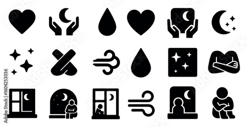 Weather and night solid icons set – filled, silhouette, atmospheric symbols