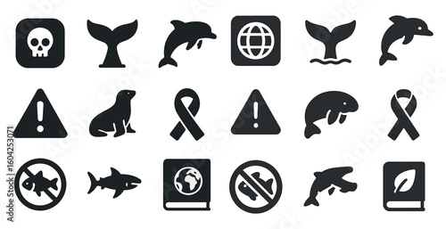 Marine life solid icons set – ocean, aquatic, wildlife collection