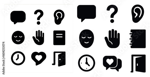 Communication solid icons set – filled, speech and expression symbols