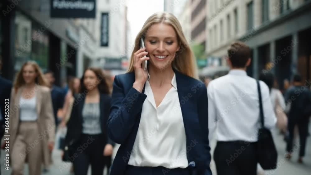 A beautiful blonde career woman is busy chatting on her cell phone while walking in the middle of a crowd of people A beautiful blonde career woman is busy chatting on her cell phone while walking in the middle of a crowd of people