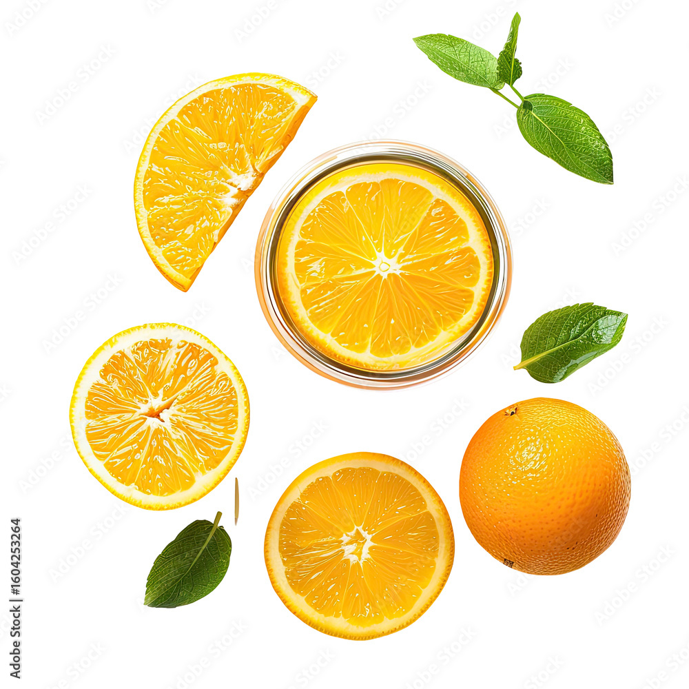 Fototapeta premium Fresh orange slices and leaves arranged in a circular pattern
