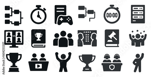 Awards and competition icons set in solid style – trophies, winners, achievement symbols