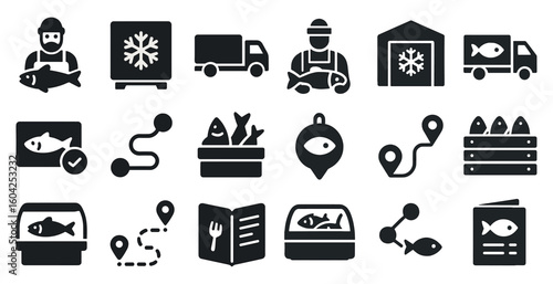Seafood and fishing solid icons set – filled, aquatic, maritime symbols collection