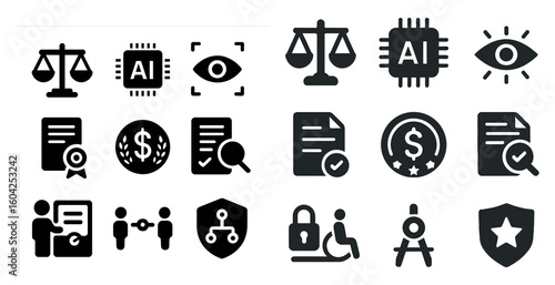 Legal and ai solid icons set – silhouette, filled, justice and technology symbols