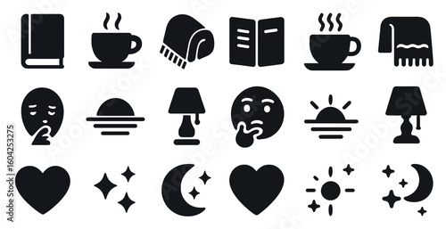 Cozy and warm solid icons set – silhouette, filled, home comfort symbols