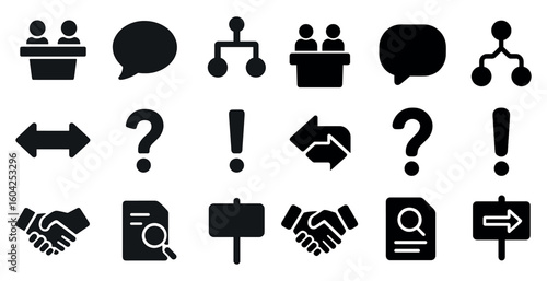 Business communication solid icons set – meetings, questions, and presentation symbols