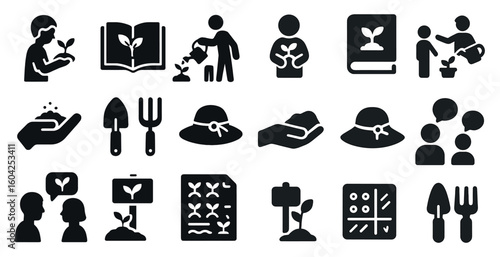 Gardening solid icons set – filled, flat, horticulture and plant care symbols