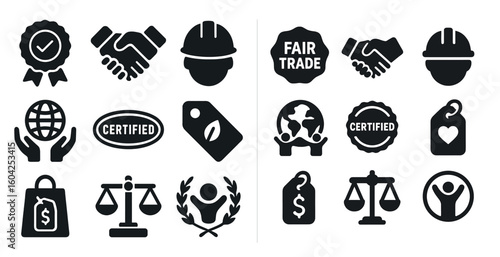 Ethical business solid icons set – fair trade, certified, commerce symbols