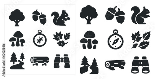 Nature and wildlife silhouette icons set – solid, filled, forest, outdoor symbols