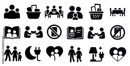 Family and community solid icons set – silhouette, filled, social interaction symbols