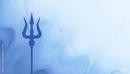 Silhouette of a trident against a soft, light blue, swirling backdrop