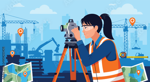 Female Surveyor Measures Construction Site with Equipment