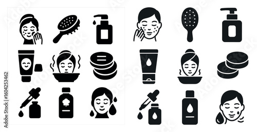 Skincare and beauty icons set – solid, filled, facial treatment and wellness symbols
