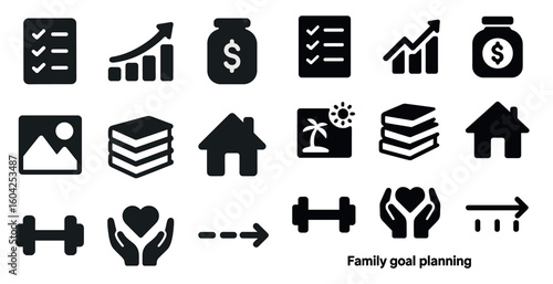 Finance and planning solid icons set – filled, budgeting, goal setting graphics