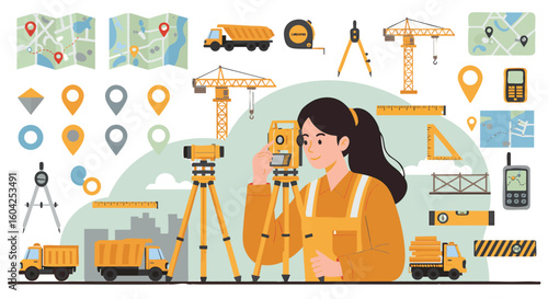Female Surveyor Measuring Construction Site with GPS and Theodolite