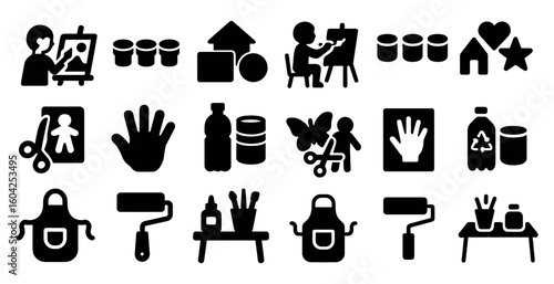 Art and craft solid icons set – silhouette, creative tools and diy symbols