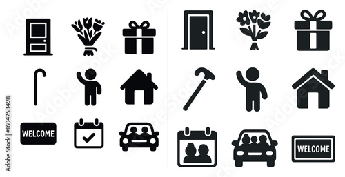 Home and greeting solid icons set – flat, filled, welcome and house symbols