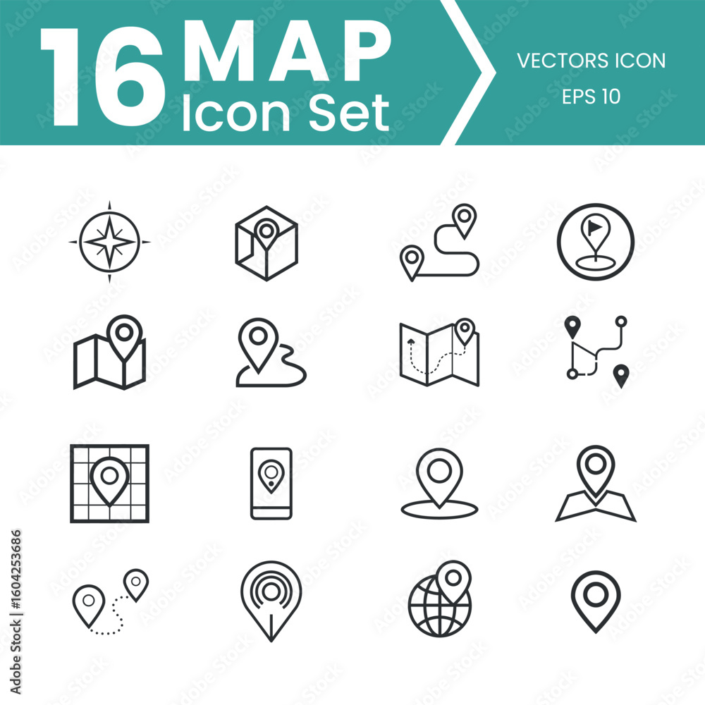 Fototapeta premium Collection of 16 outline map and navigation icons for digital use