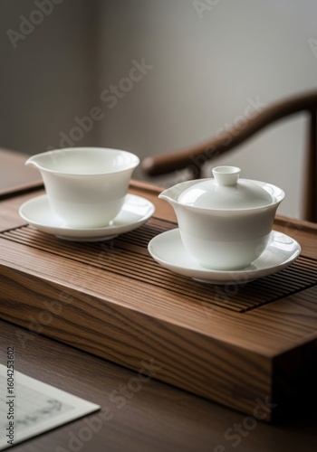 Wallpaper Mural Ceramic Tea Set on Wooden Tray in Ambient Light Torontodigital.ca