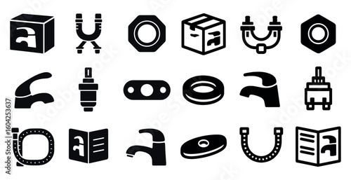 Plumbing solid icons set – filled home, maintenance, repair symbols