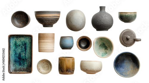 Artistic Pottery Items: A flat lay of artistic pottery items like handmade mugs, bowls, and vases, isolated on a Transparent background, PNG file.