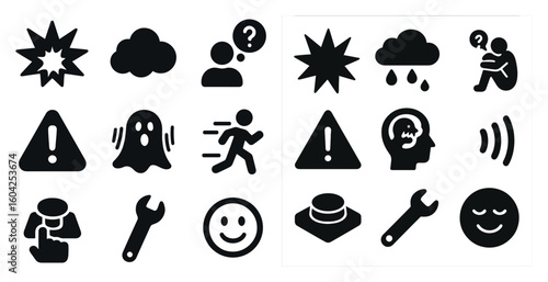 Alert and emotion silhouette icons set – solid, warning and mood symbols