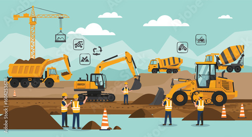 Construction Site Earthmoving Heavy Equipment and Workers Vector