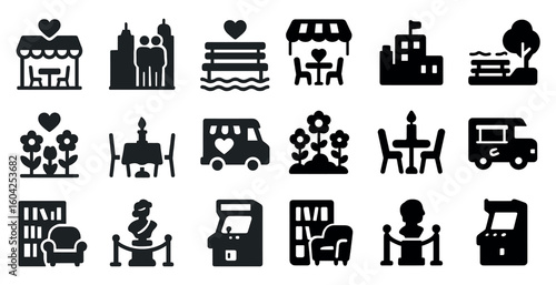 City life silhouette icons set – urban, filled, street and architecture symbols