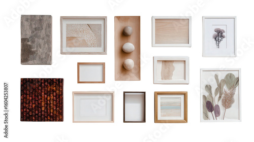 Artistic Wall Decor for Home: A flat lay of artistic wall decor pieces like prints, frames, and paintings, isolated on a Transparent background, PNG file.