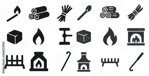 Fireplace and wood solid icons set – silhouette, filled, hearth and warmth symbols