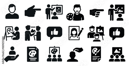 Artist and teaching solid icons set – filled, painting, and classroom symbols