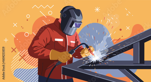 Industrial Welder at Work Welding Metal Frame with Bright Sparks