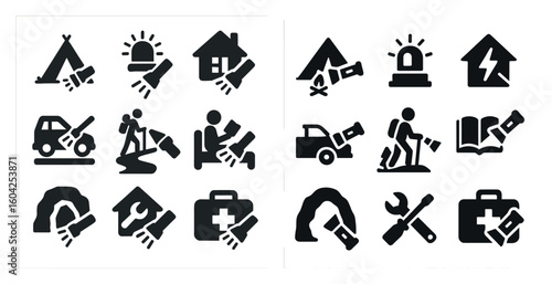 Camping and adventure solid icons set – filled, outdoor, wilderness symbols