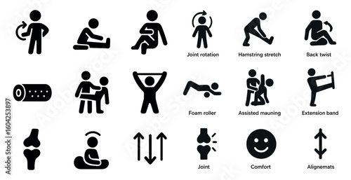 Fitness and stretching silhouette icons set – exercise, wellness, body movement symbols