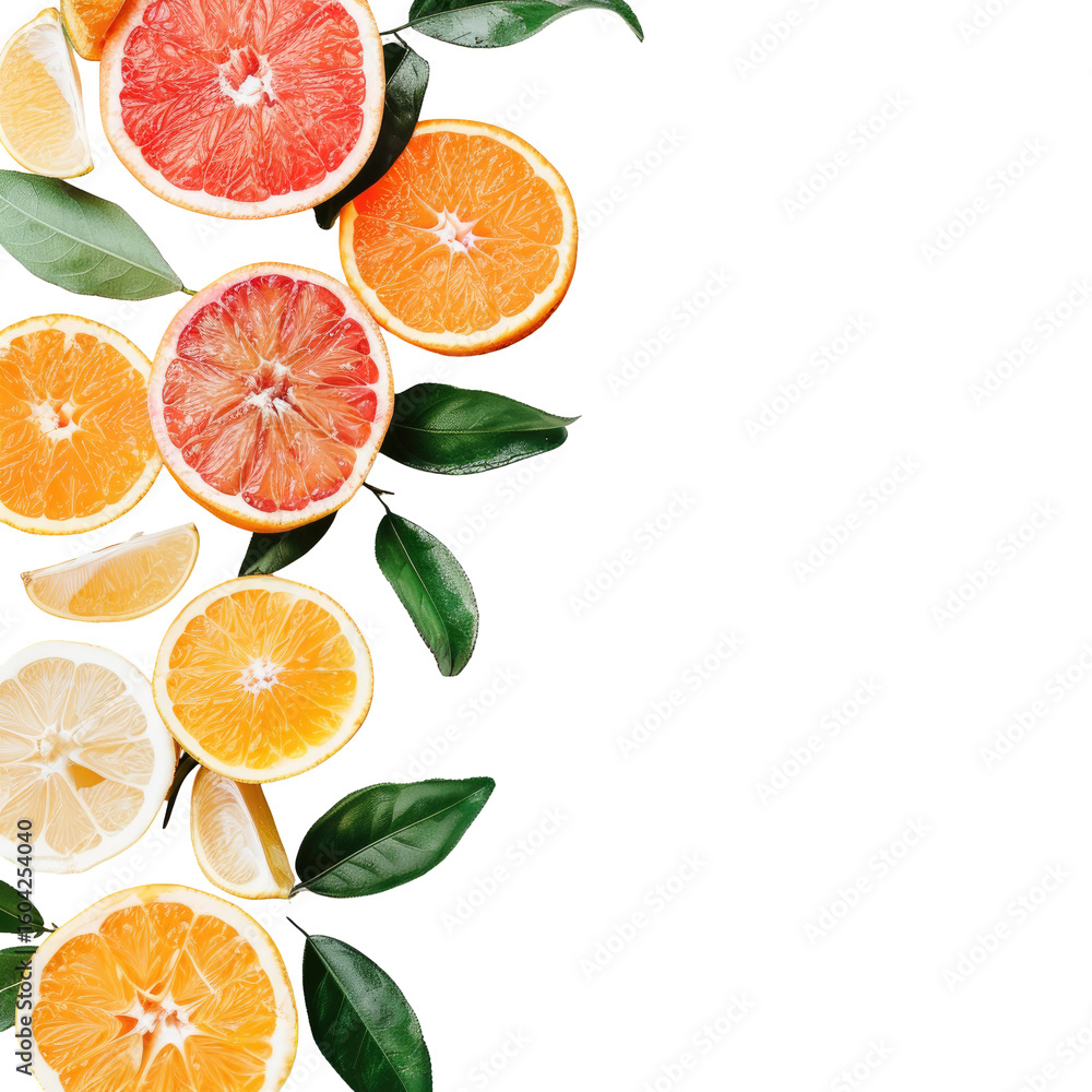 Fototapeta premium Vibrant citrus slices and leaves against black